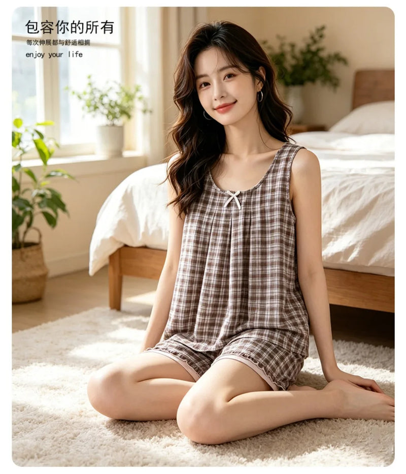 Summer Women Pajama Sets Plaid Print Pijama 2 Pieces Sleepwear for Sleeping Lounge Wear Sleeveless Top Shorts Nightwear Suits