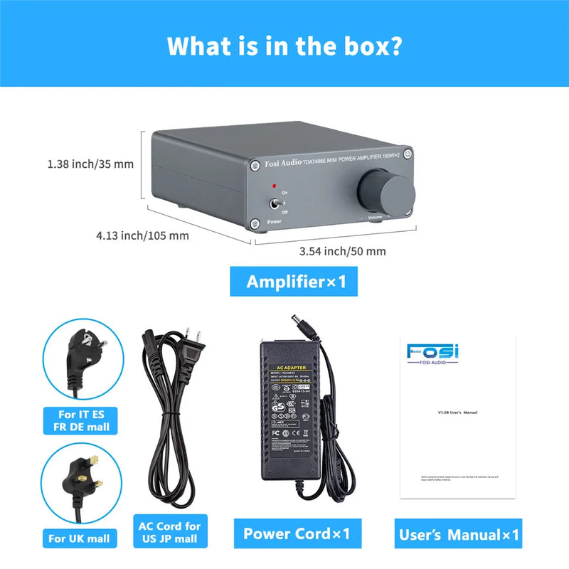 ឧបករណ៍ពង្រីកសំឡេង Fosi Audio TDA7498E 2 ឆានែល ឧបករណ៍ទទួលសំឡេង មីនី ហៃហ្វាយ អំពែរ ឧបករណ៍បំពងសម្លេងរោងភាពយន្តនៅផ្ទះ 160W x 2 អំពែរ