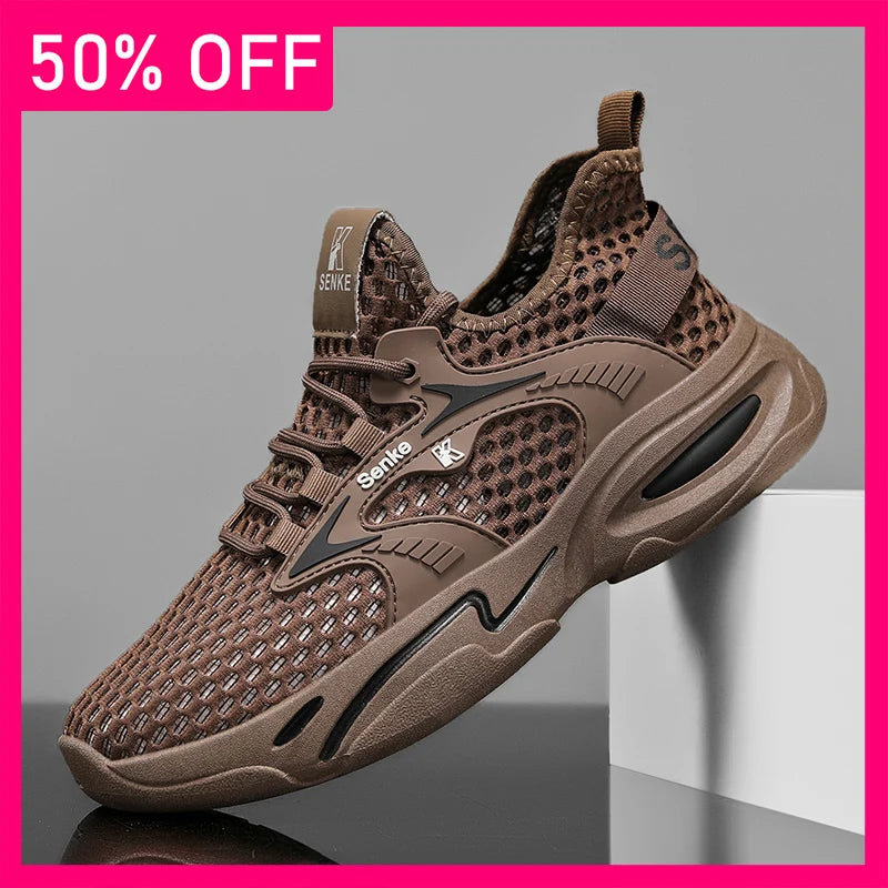 Men Sports Shoes Fashionable Lace Up Breathable Mesh New Anti Slip Wear-resistant Soft Sole Comfort Outdoor Walking Tennis Shoes