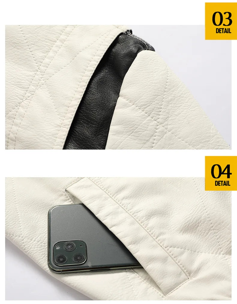 European and American-style Men's White Faux Leather Jacket; Black Hooded PU Motorcycle Coat with A Detachable Hood.