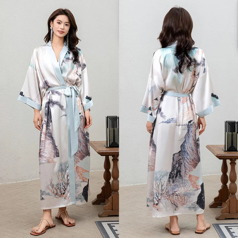 Women Ice Silk Rayon Home Dress Black Print Flower Long Robe Nightgown Spring Summer Half Sleeve Kimono Bathrobe Gown