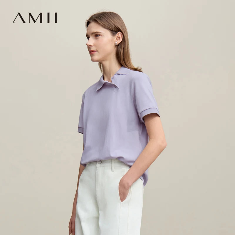 អាវប៉ូឡូនារី Amii ឆ្នាំ២០២៦ រដូវក្តៅ អាវយឺតដៃខ្លី កអាវមូល រាងមិនស្មើគ្នា អាវយឺតស្រទាប់ សម្រាប់នារី 12622015