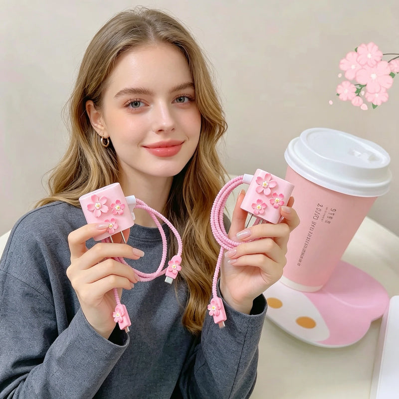 3D Pink Flower Cable Charger Protector Cover For Iphone 11 15 14 13 Pro Max 18W 20W Charger 2024 New Data Line Protective Sleeve