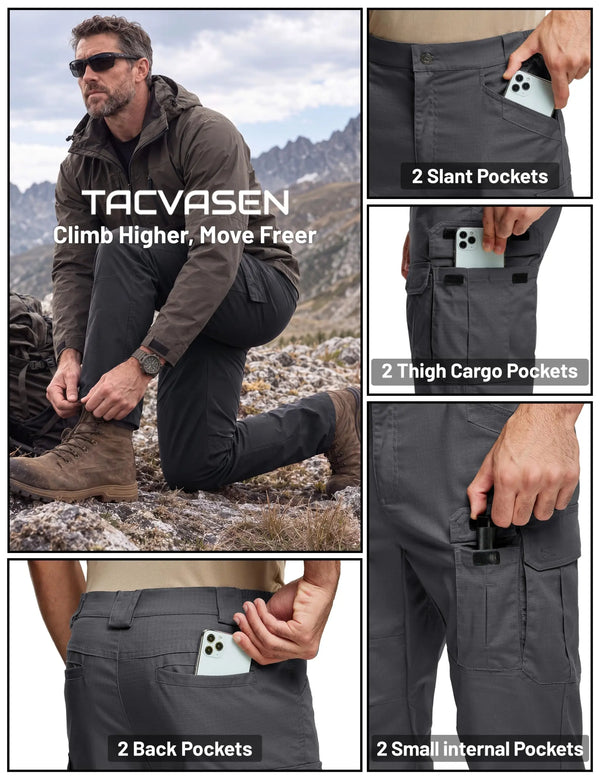 TACVASEN Tactical Waterproof And Lightweight Cargo Pants Mens Outdoor Hiking Stretch Ripstop Trousers with 8 Pockets(No Belt)