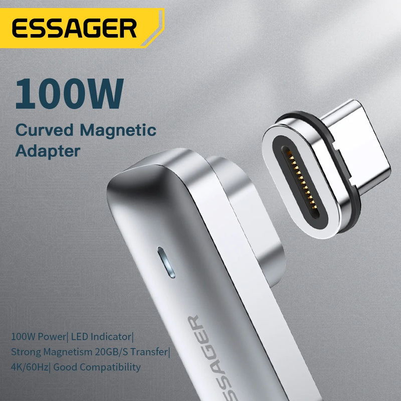 អាដាប់ទ័រ Essager PD 100W ម៉ាញេទិក USB C OTG សាកថ្មលឿន ឧបករណ៍ភ្ជាប់ម៉ាញេទិកប្រភេទ C 20Gbp ធ្វើសមកាលកម្មទិន្នន័យ 4K@60Hz សម្រាប់កុំព្យូទ័រយួរដៃ Macbook