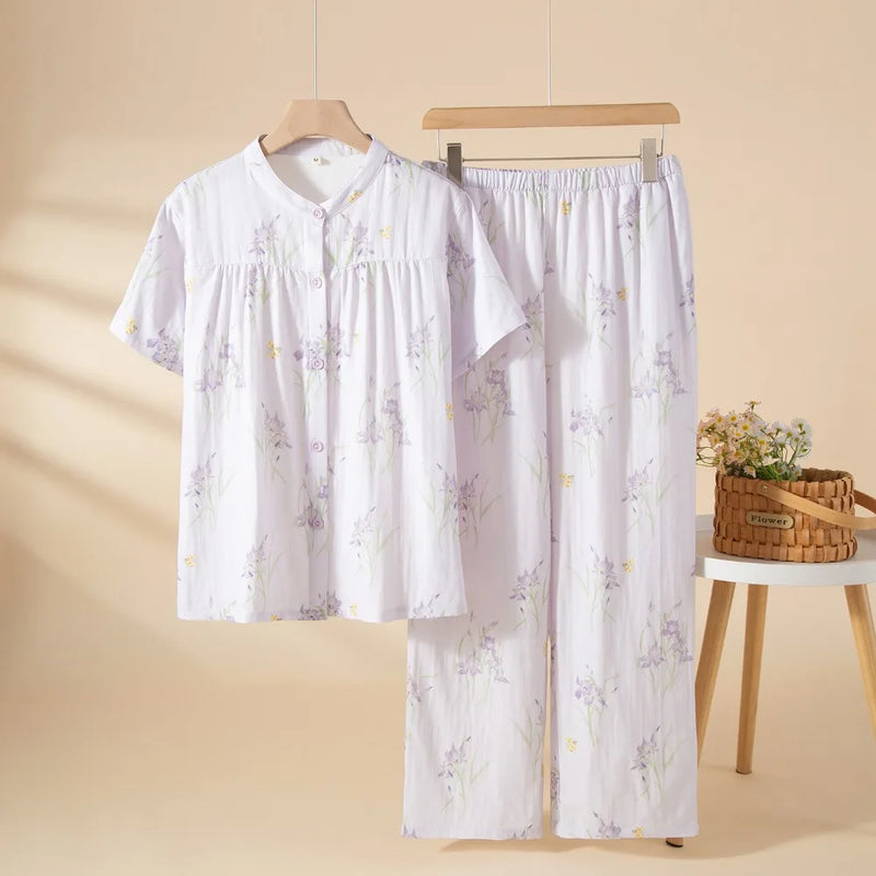 100% Cotton Women's Home Clothes Short Sleeve Sleepwear Summer Suit Pajamas for Woman Floral 2 Piece Set Night Wear for Ladies