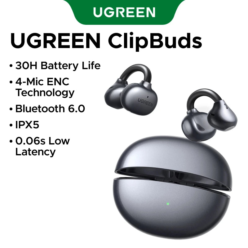 UGREEN ClipBuds Open-Ear Wireless Headphones Bluetooth 6.0 with 4 Mic Clear Call, Earbuds Clip on Earphones 30H Playtime