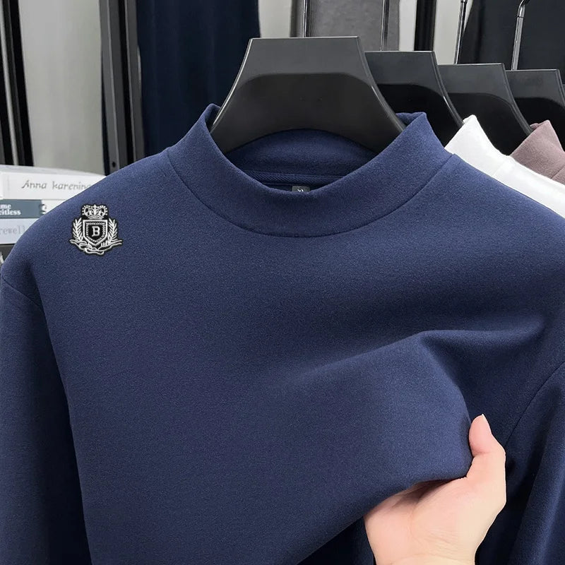 Luxury Man Long-Sleeved T-Shirt Mock Neck Letter Pattern Embroidery Dralon Fabric Autumn Winter New Tops Casual Men's Clothing