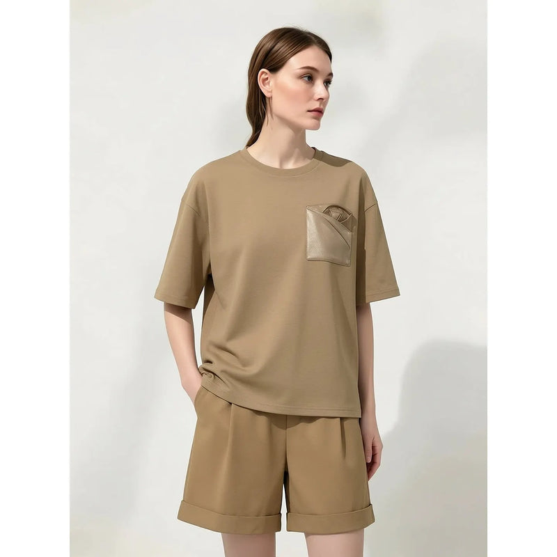 Amii Women's T-Shirt 2026 Summer New Oversized Cotton Short Sleeve Tops Side Slit Mid Length Patch Pocket Tee Shirt 12642037