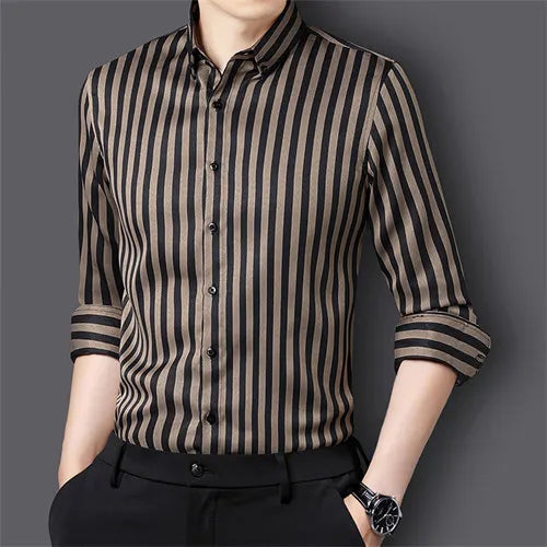 Black Striped Long Sleeve Shirt, Men's Single Breasted Shirts, with Square Collar Yellow Brown Camisas Para Hombre M-5XL