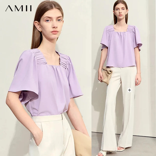AMII Minimalism Women's Chiffon Blouses 2026 Summer New French Style Tops Loose Pullovers Office Lady White Shirts 72342022