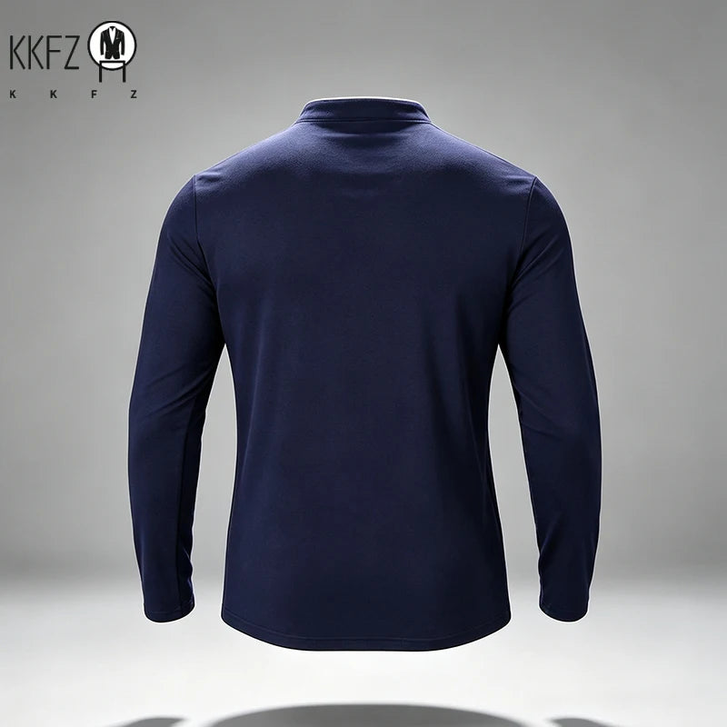 Slim Cut Stand Collar Long Sleeve Polo For Males Button Placket Neck Trim Detail Soft Fabric Business Streetwear Apparel