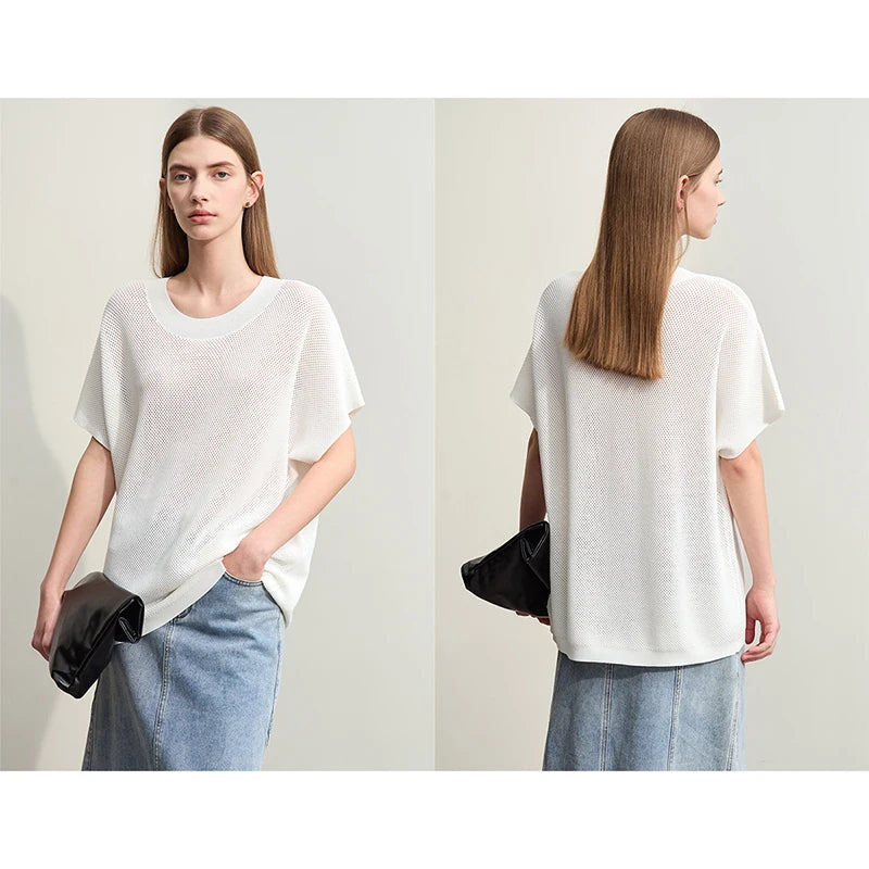អាវយឺតប៉ាក់ AMII Minimalism សម្រាប់ស្ត្រីឆ្នាំ ២០២៥ រដូវក្តៅថ្មីធម្មតាកមូលរោមចៀមប្រហោងរលុង Streetwear កំពូលទាន់សម័យ 12442024