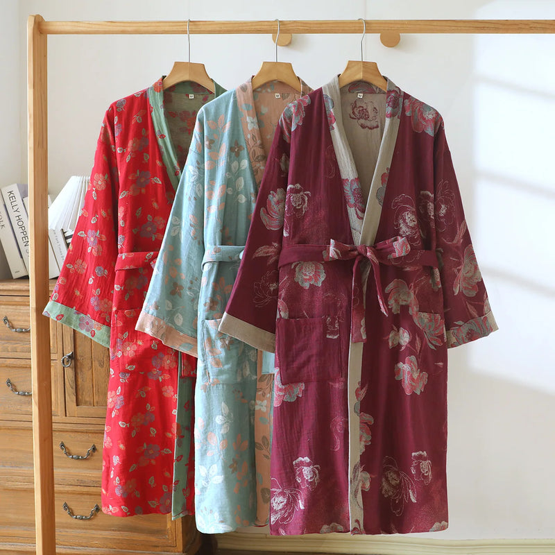 Kimono Robes Women Comfortable Home Bathrobe Spring Autumn Women's Sleeping Robe 100% Cotton Gauze Floral Printed Home Wear