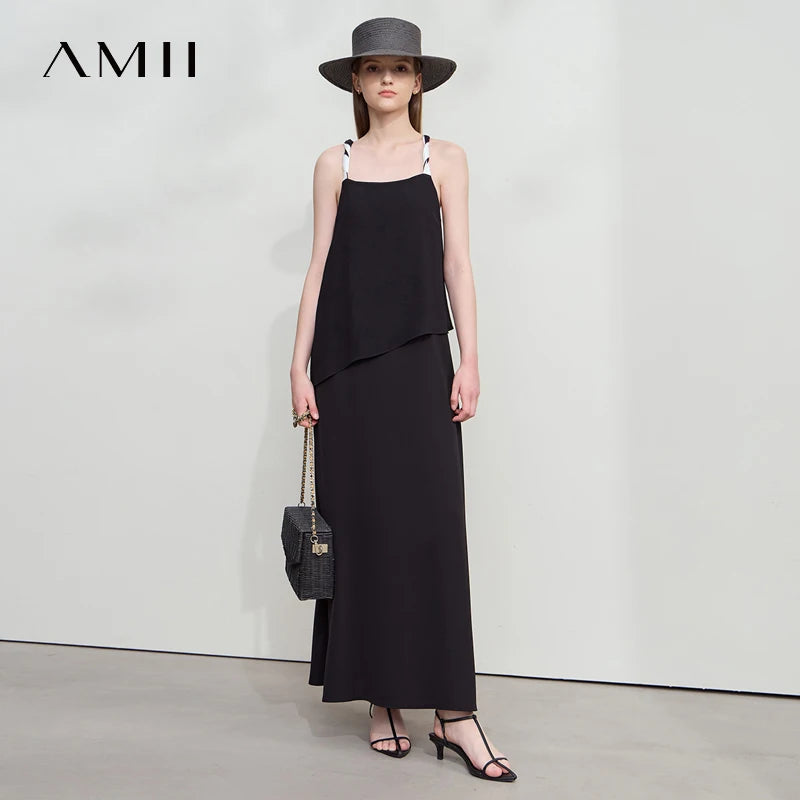 AMII Minimalist White Dress 2026 Summer New Women Elegant Vocation Loose Long Robe Twisted Double Layer Chiffon Dresses 12542233