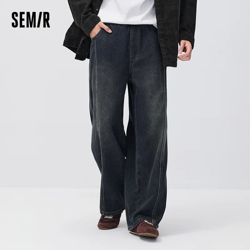 Semir Men Denim Jeans Drawstring Loose Fit Wide Leg 2026 New Winter Daily Wear Urban Casual Style Cold Weather Layering