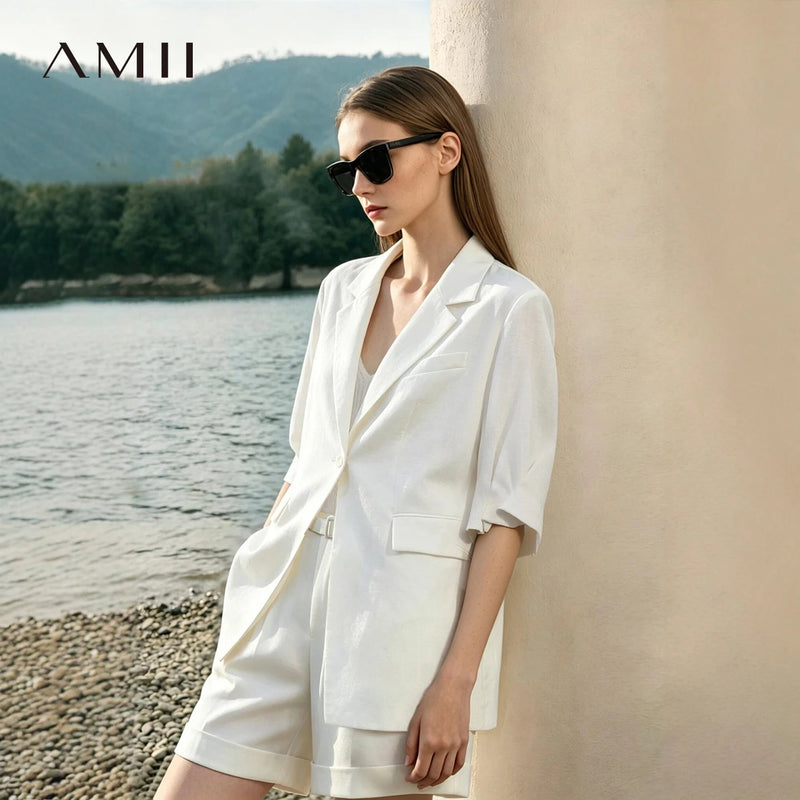 Amii Women's Blazer 2026 Summer New Notch Lapel Linen Blend Pleated Half Sleeve Jacket Casual Office Midi Length Coat 12642184