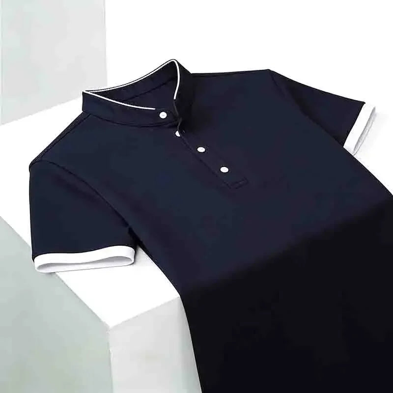 Men's Solid Black Stand Collar Short Sleeve Polo Shirt Half Button Pocket-free Casual Business Tee