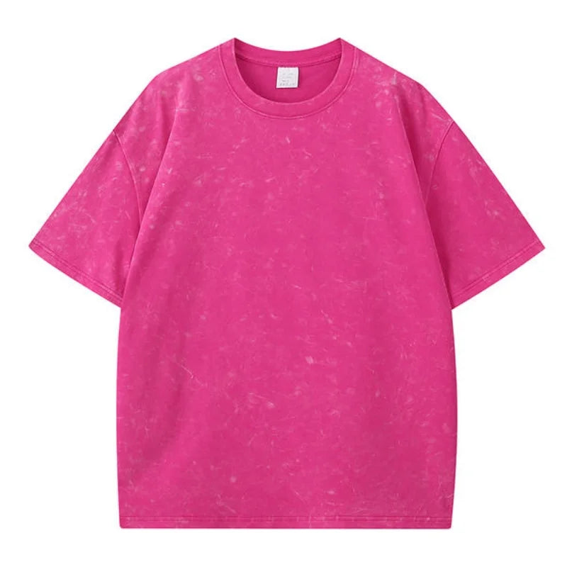 American Style Retro Washed Snowflake Short Sleeve round Neck T-Shirt Large Size Bleach Stain  Heavyweight Summer Top