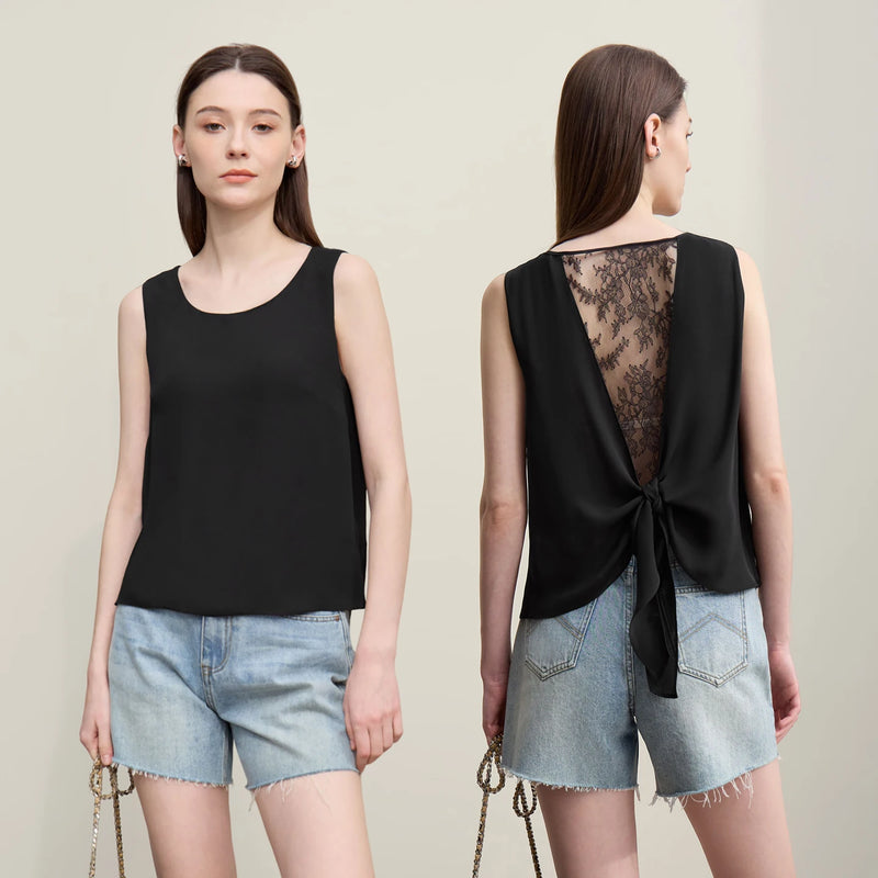Amii Sleeveless Blouse For Women 2026 Summer New Round Neck Chiffon Tank Top Loose Flowy Sheer Lace Women's Camisole 12642035