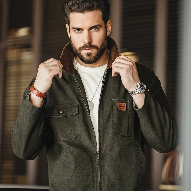 អាវ Maden Retro Heavyweight Canvas Detroit Jacket Corduroy Collar អាវខ្លីសម្រាប់បរបាញ់ មានហោប៉ៅ អាវក្រៅរដូវស្លឹកឈើជ្រុះសម្រាប់បុរស