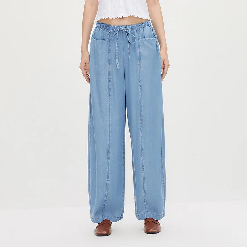 Semir Women Pants Denim Lyocell Slit Loose Elastic Waist Trendy Fashion Curved Leg 2026 Summer Casual Style Top
