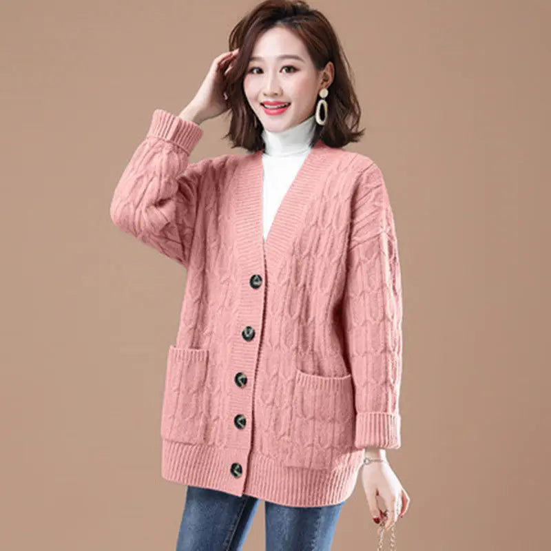 Spring Autumn New Korean Fried Dough Twist Cardigan Coat Women Fashion Loose Sweater V Neck Knitwears Long Sleeve Tops
