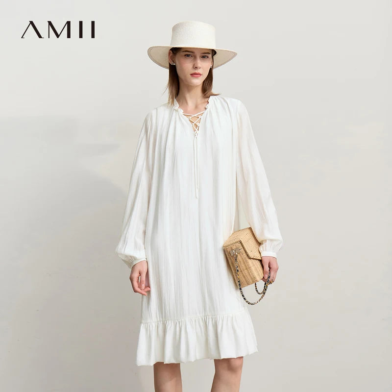 Amii Midi Dresses 2026 Autumn New Solid Color Vacation Style V-neck Lace-up Long Sleeve Loose Pleated Female Dresses 12641046