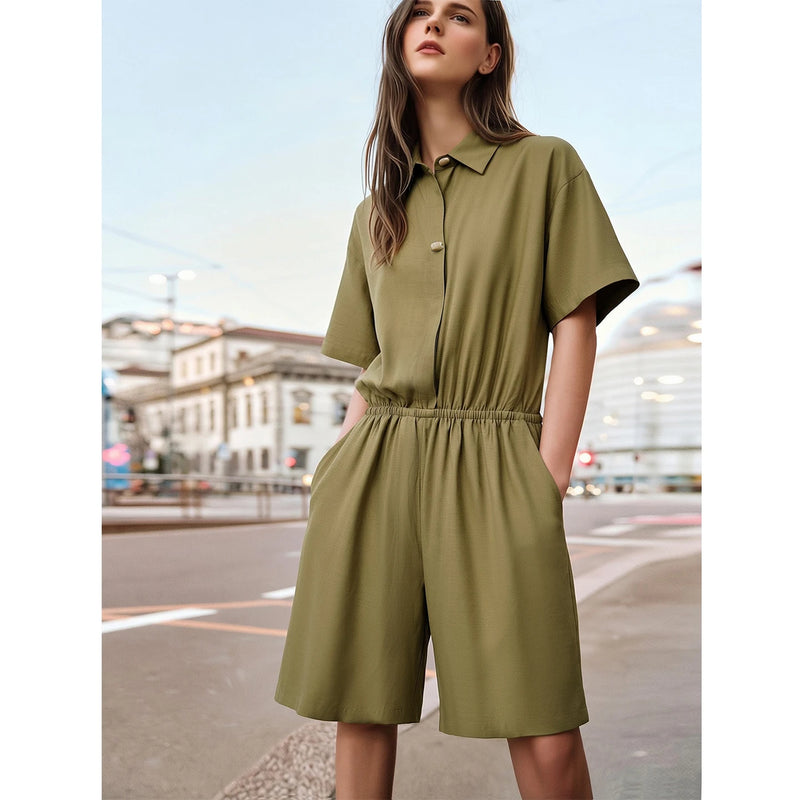 Amii Women's Romper Shorts 2026 Summer New Lapel Collar Half Placket Jumpsuit Drop Shoulder Loose Fit Casual Shorts 12642066