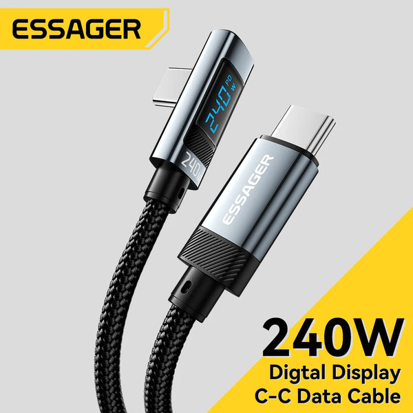 ខ្សែសាក Essager 240W USB Type C ទៅ USB C មុំ 90 ដឺក្រេ PD សាកលឿនសម្រាប់ iPad MacBook Pro Xiaomi Samsung Huawei