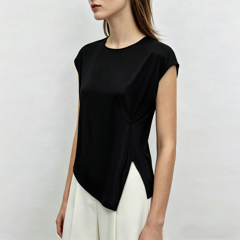 Amii Women's T-Shirt 2026 Summer New Acetate O-Neck Asymmetric Split Hem Flowy Top Loose Fit Office Casual Tee Women 12622220