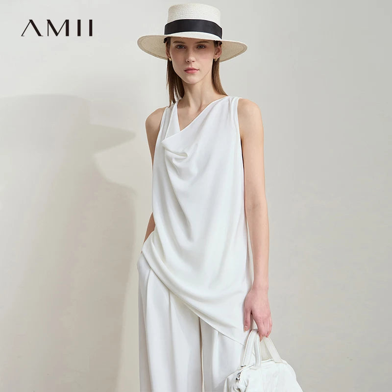 AMII Women Minimalist Elegant Summer Blouse 2026 Solid Sleeveless Casual Tank Tops Lady New Fashion Chiffon Vest Woman 12542019
