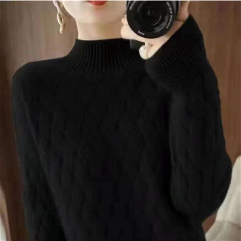 Autumn Winter Half High Neck Pullover Sweater For Women's Bottom New Loose Knitted Tops Long Sleeved Warm Pull Femme Clothes