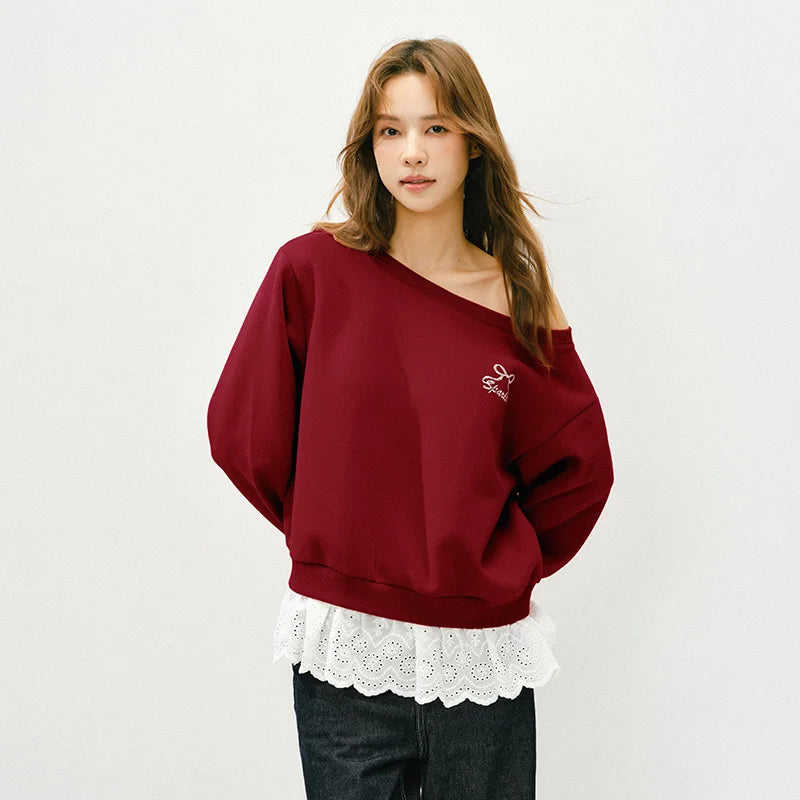 Semir Women Hoodie 2026 New Red One Shoulder Fake Two Piece Sexy Smart Casual Style Spring Holiday Tops