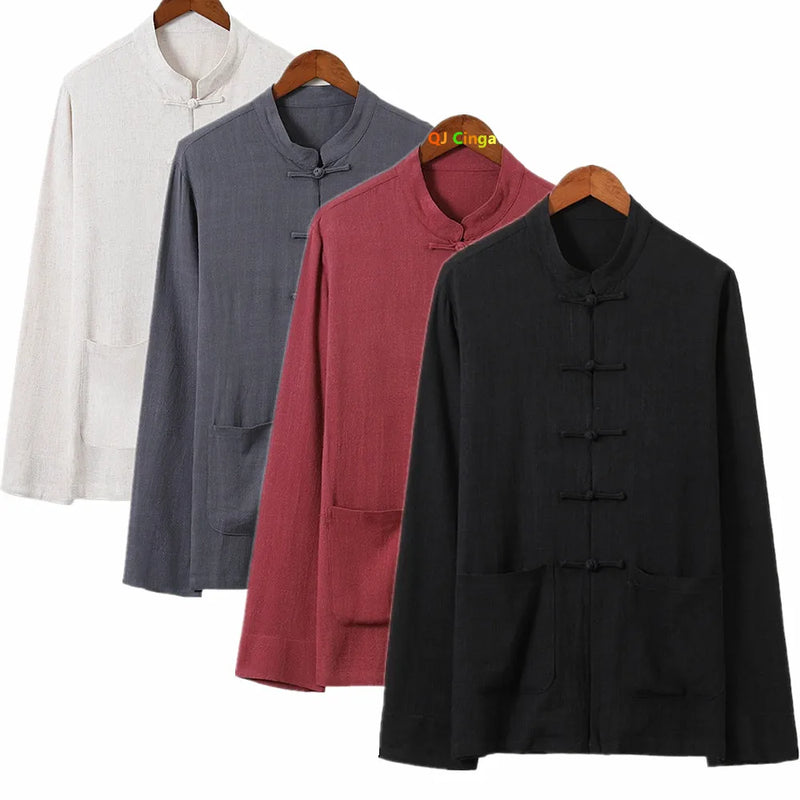 Chinese-style Men's Black Long-sleeve Shirt, Cotton-linen Blend Stand-up Collar Shirts, Available in Burgundy, Beige, Gray. 2026