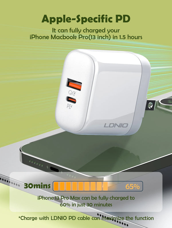 ឆ្នាំងសាក LDNIO USB C 45W សាកថ្មលឿន 2 រន្ធ ប្រភេទ C ឆ្នាំងសាកជញ្ជាំង PD QC4.0 Power Adapter សាកថ្មលឿនសម្រាប់ Samsung Xiaomi iPhone
