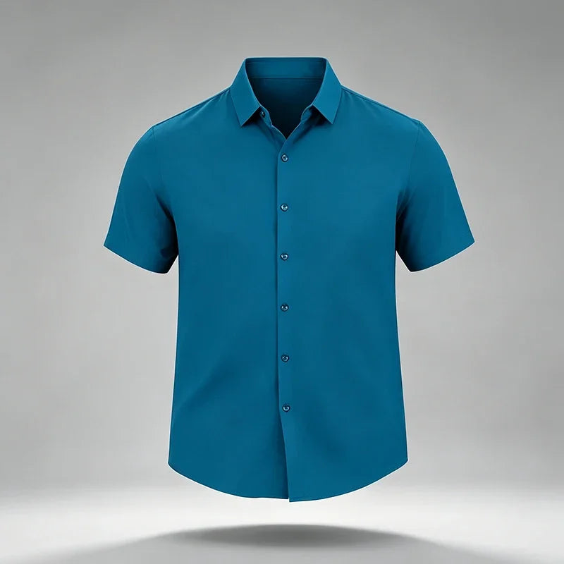Summer Male Lapel Short Sleeve Dress Shirt Single Breasted Soft Stretch Cloth Outdoor Travel Daily Commute Formal Top