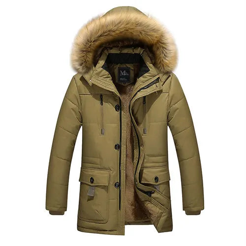 Men's Winter Black Hooded Parkas Jacket, Fake Fur Collar Thick Coats, Fashion Warm Outerwear Male Overcoat Blue Red Jaqueta