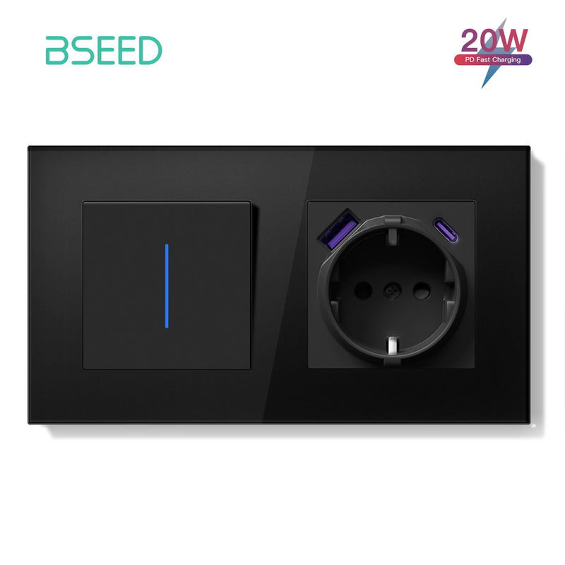 BSEED E Series Mechanical Wall Light Switch Button Switch 1/2Gang 1Way With Wall Socket Crystal Glass Panel Switch On Off 250V