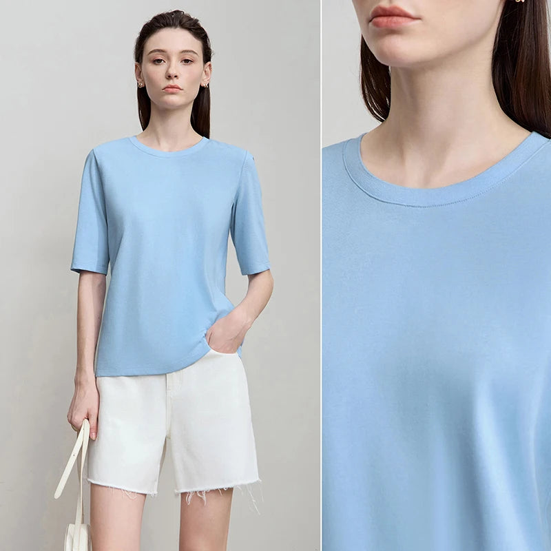 AMII Minimalist Cotton Black T-Shirt for Women 2025 Office Lady O Neck Plain Knit Tee Tops Female Clothes Summer Wear 12522172