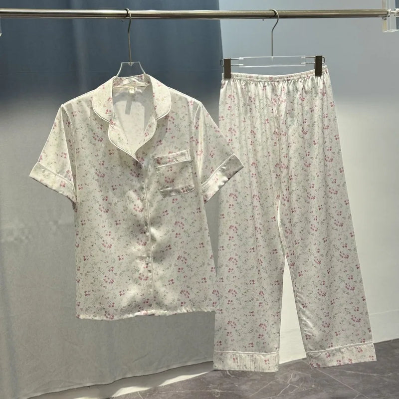 Women's Summer Lapel Pajamas 2 Pieces Sleepwear Nightwear Ice Silk Short Sleeve Button Top Trousers Loungewear for Women Pijama