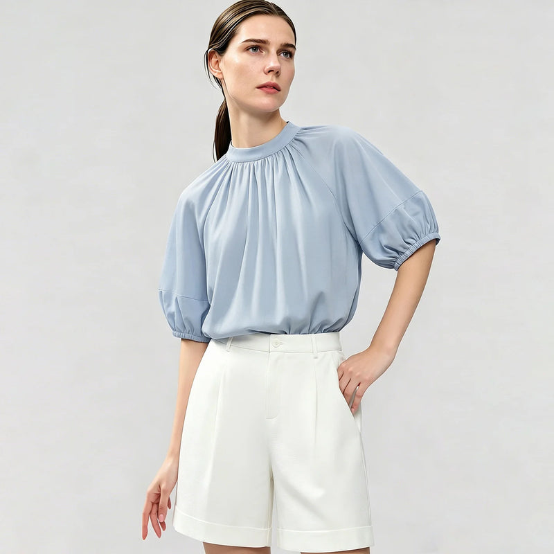 Amii Women's Shirt 2026 Summer New Stand Collar Lantern Dolman Sleeve 100% Cotton Blouse Loose Casual Short Top Female 12642176