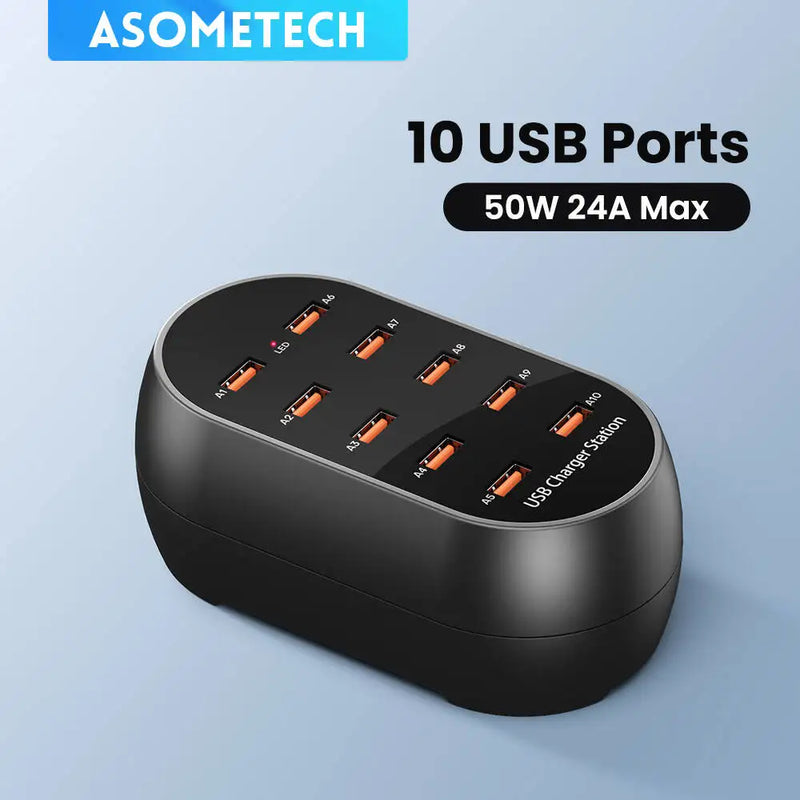 ស្ថានីយសាកថ្ម USB 10 រន្ធ 50W ឧបករណ៍សាកថ្មកុំព្យូទ័រលើតុ មជ្ឈមណ្ឌល USB ច្រើនរន្ធ សម្រាប់ iPhone 16 15 Pro Samsung ថេប្លេត iPad ឧបករណ៍ច្រើន