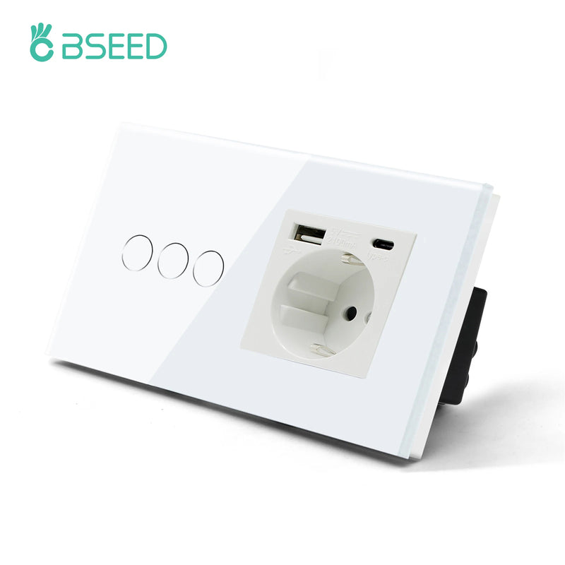 BSEED Single Power Outlet EU Wall Plugs Double Sockets USB Type-C Phone Charge Glass Panel 1Way Wall Touch Switch Kid Protection