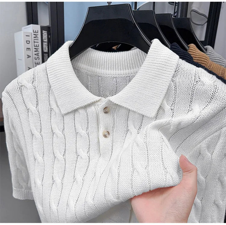 Men's Vintage Cable Knit Short Sleeve Polo Sweater 100% Cotton Retro Turn-down Collar Casual Pullover
