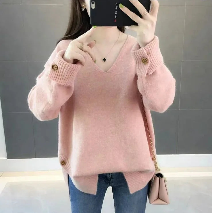 Oversized Autumn Winter Korean Women's Sweater Loose Knitted Jumper V Neck Long Sleeve Top Female Thick Warm Pullover Knitwear