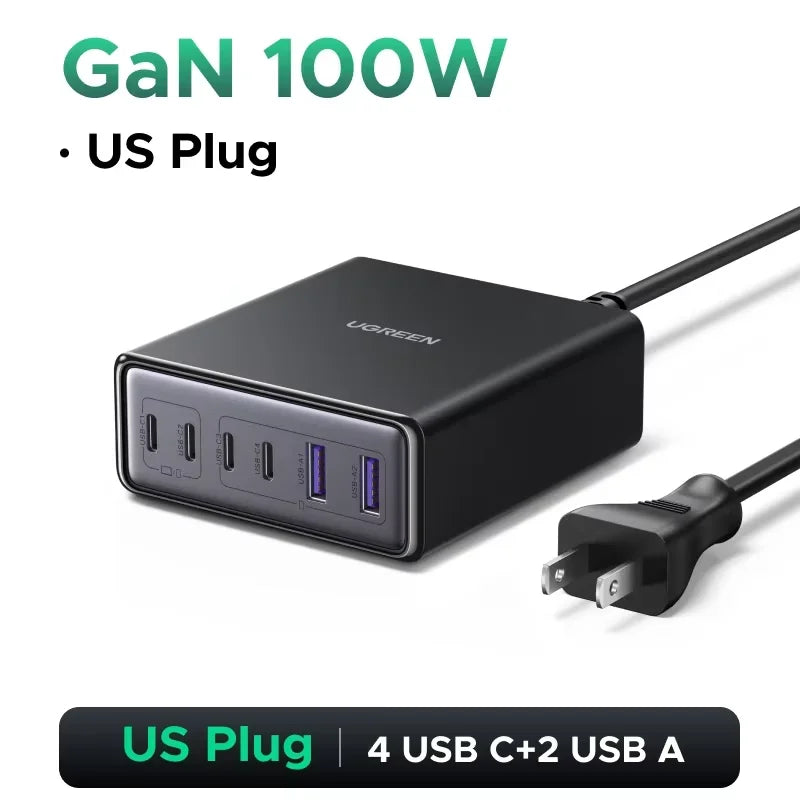 UGREEN 100W 65W GaN Charger 6 in 1 Desktop Laptop Fast Charger For iPhone18 17 16 Pro Max Xiaomi Samsung Tablet Macbook Air iPad