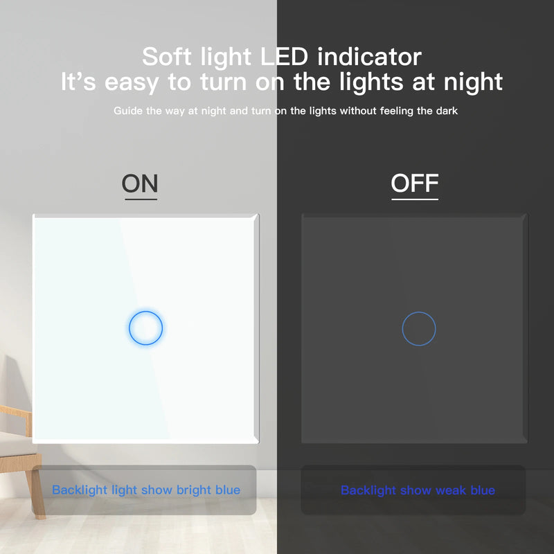 Bseed 1/2/3 Gang 2 Way Touch Light Switch with EU Socket and USB Type-C Port, Tempered Glass Wall Switch with Blue Backlight