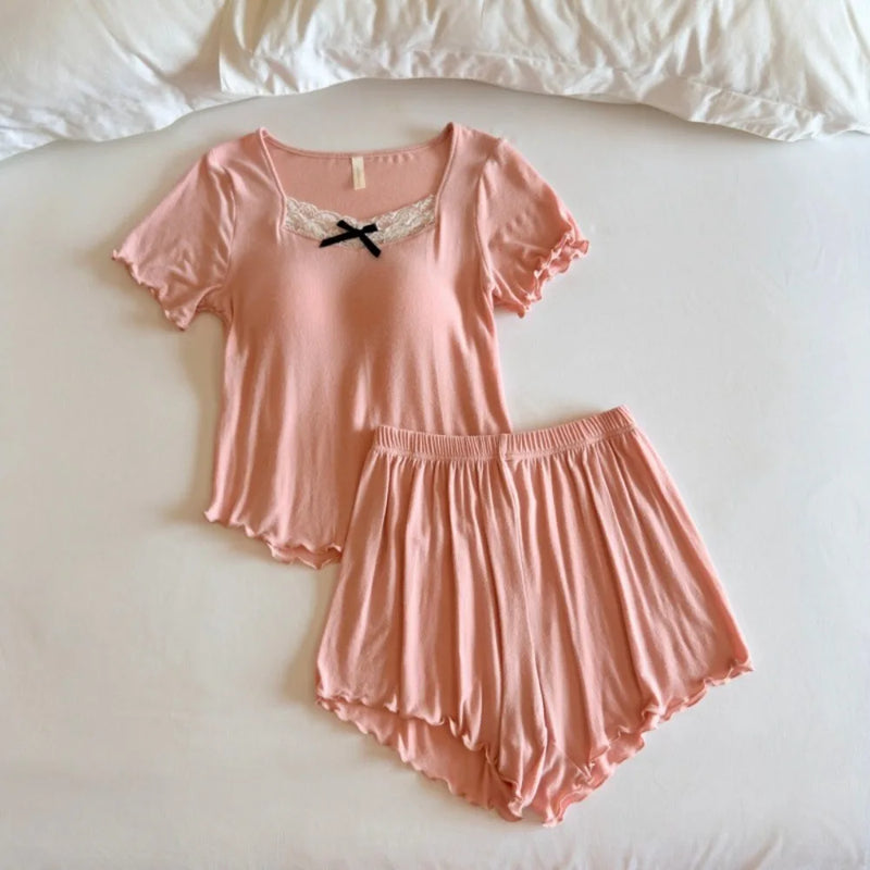 Modal Pajamas with Chest Pads Short Sleeve Sleepwear Ladies Pyjamas Femmes Summer Top and Shorts Lounge Wear Loungewear Suit