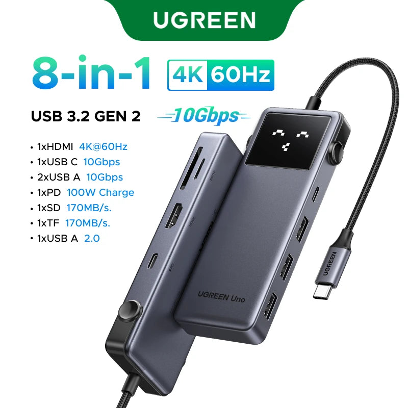 UGREEN Uno USB C HUB Type-C to 4K60Hz 2K120Hz HDMI 1000Mbps RJ45 PD100W USB-A/C 3.0 Splitter for Laptop MacBook HP Dell Docking